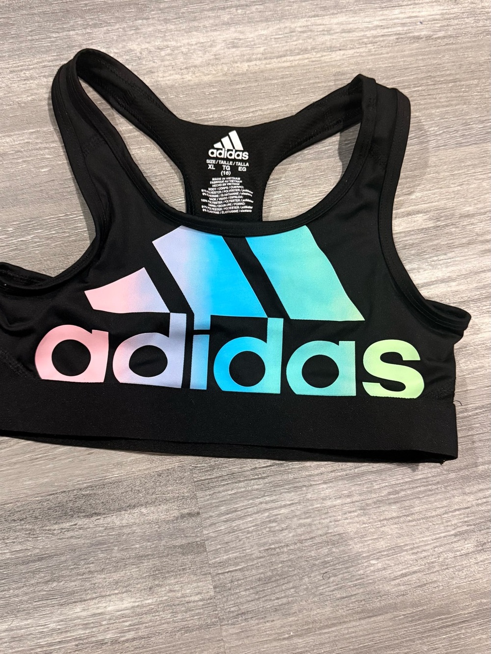 adidas Black Sports Bra with Pastel Blue-Pink Gradient Logo